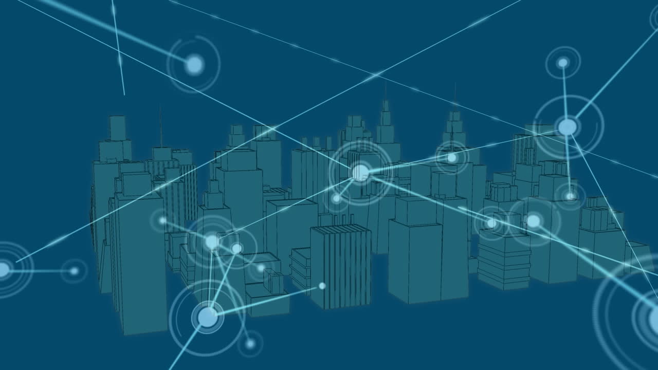 Animation of network of connections and data processing over city on blue background