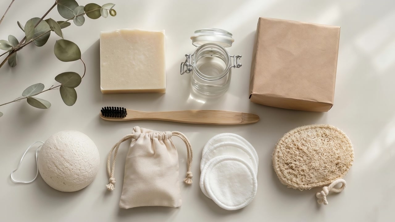 Collezione di prodotti per la cura personale senza plastica ed ecologici e accessori da bagno sostenibili su sfondo bianco.
