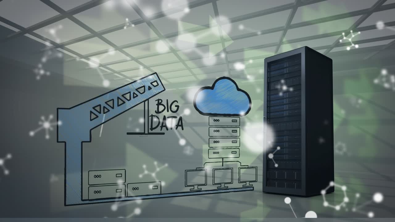 Animation of purple lines and molecules over icons and server room