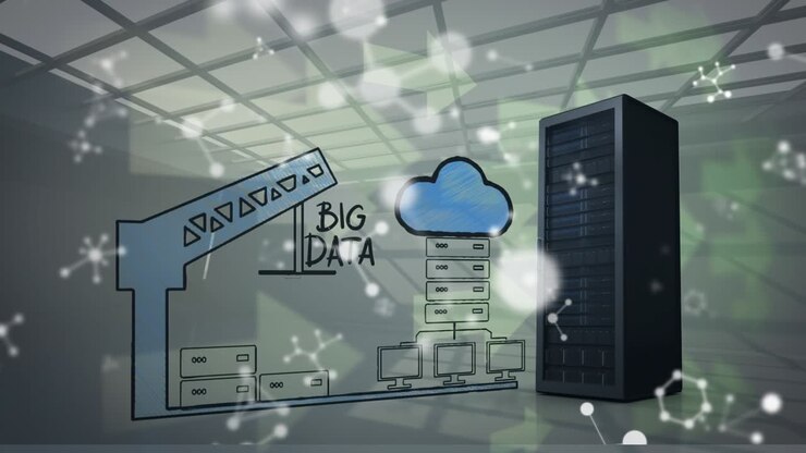 Animation of purple lines and molecules over icons and server room