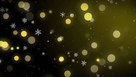 white snowflakes, golden confetti and bokeh lights on the black christmas background. 3d render image