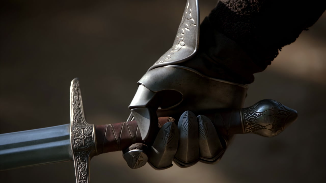 Closeup Medieval Knight Gauntlet Gripping Sword, Cinematic Slowmotion Reveal Of Ornate Steel Hilt And Engraved