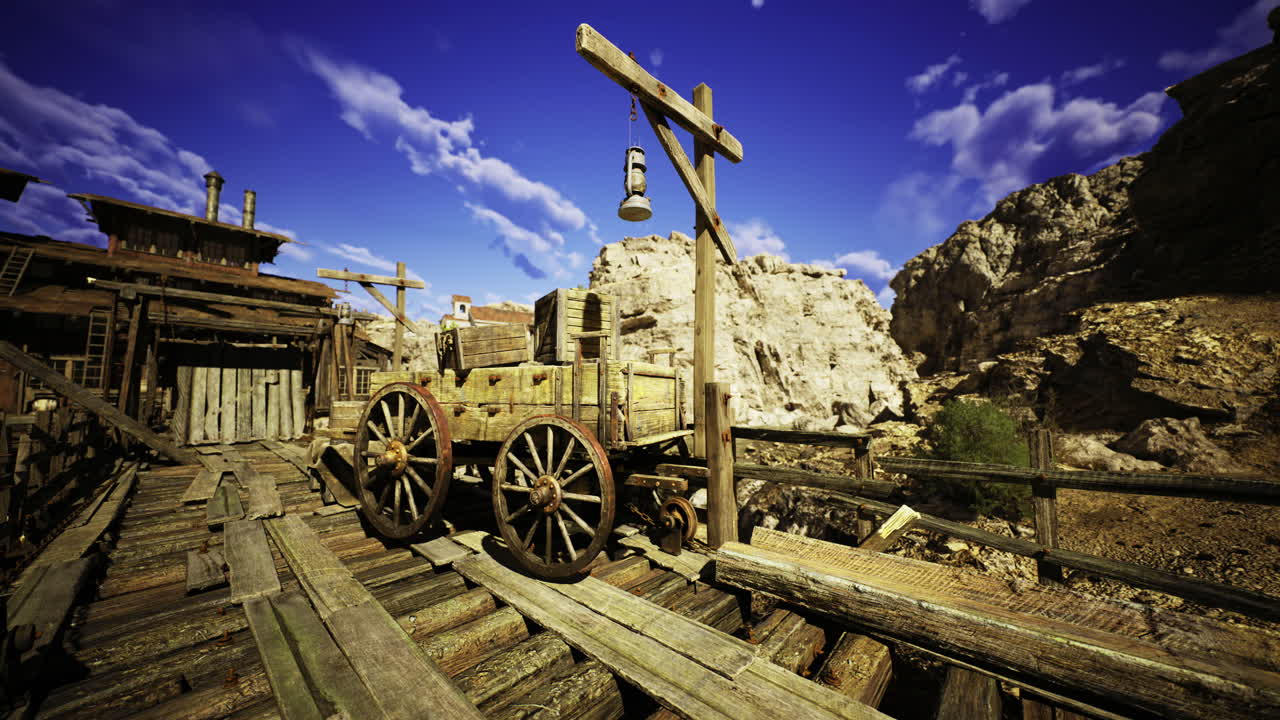 Old wooden wagon on a rustic mining dock surrounded by mountains