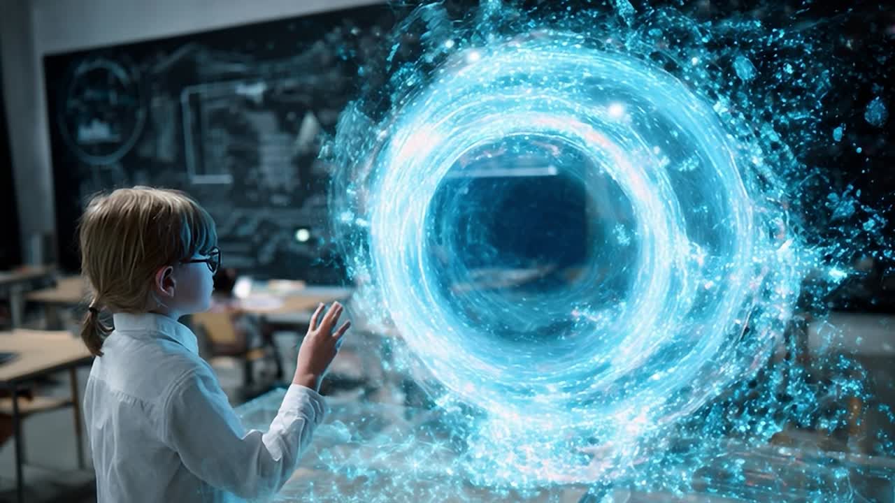 Young student interacts with holographic portal in modern classroom