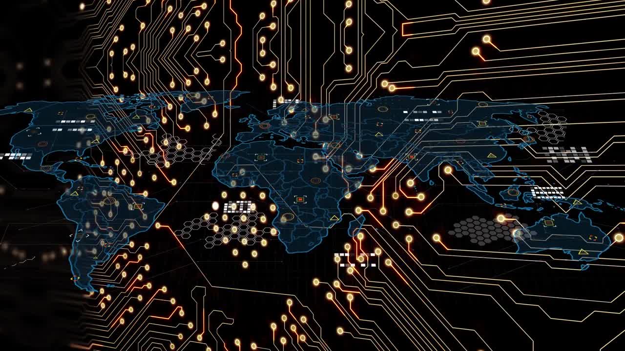 Animation of data processing with world map over computer circuit board on black background