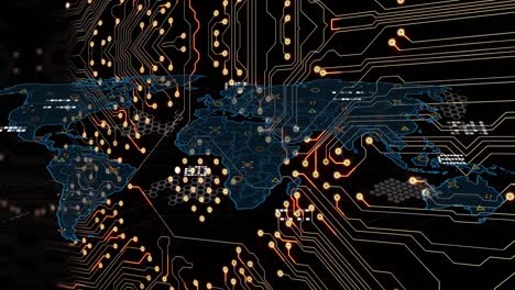 Animation-of-data-processing-with-world-map-over-computer-circuit-board-on-black-background