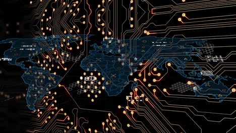 animación de procesamiento de datos con mapa del mundo sobre placa de circuitos de computadora en fondo negro