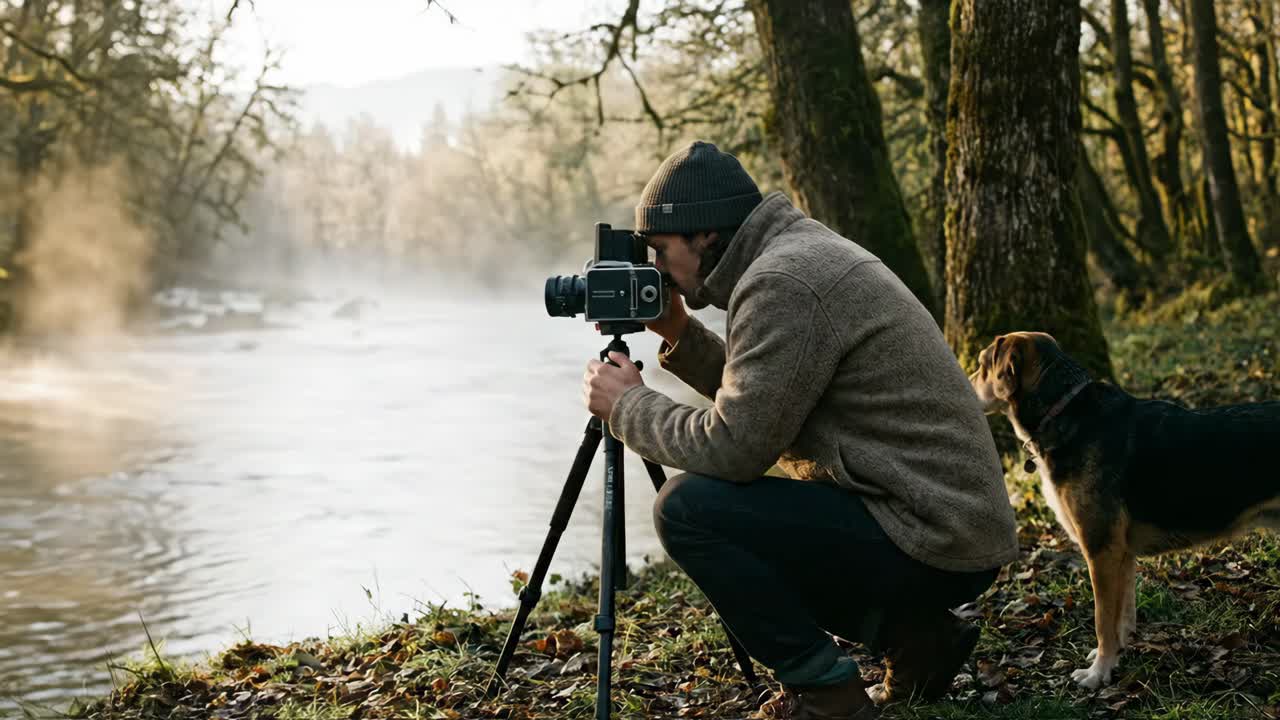 Mand og hund tager fotos ved en tåget flod i skoven