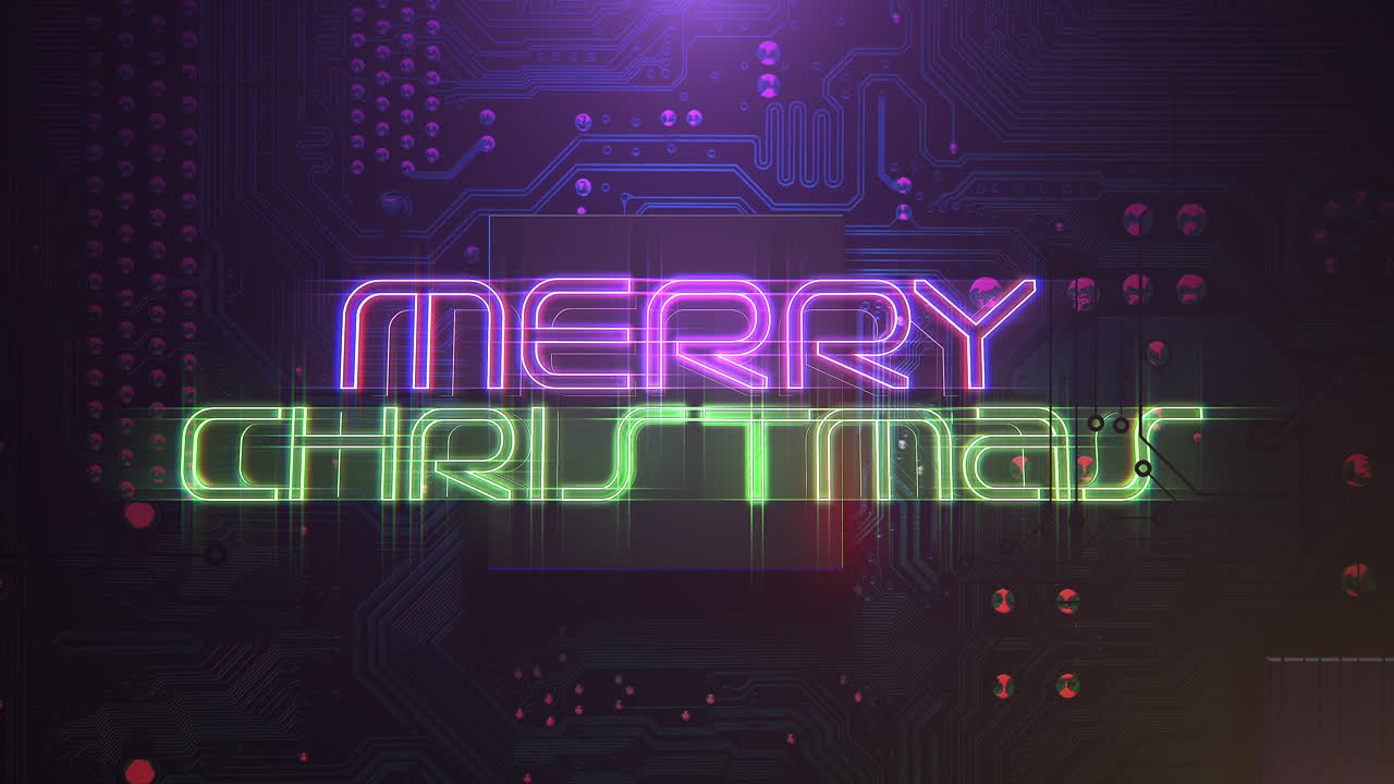 Merry Christmas text on motherboard with neon light