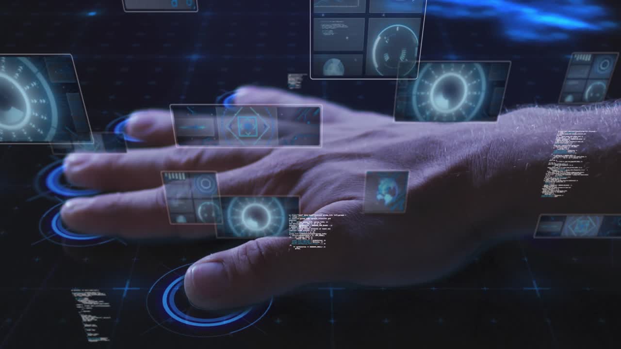 animación del control biométrico manual, los alcances y el procesamiento de datos sobre un fondo oscuro