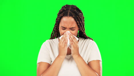 black woman, blowing nose and sick on studio green