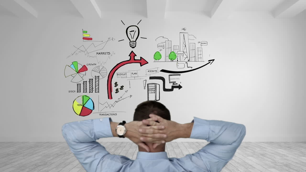 hombre de negocios viendo la tormenta de ideas de negocios aparecen