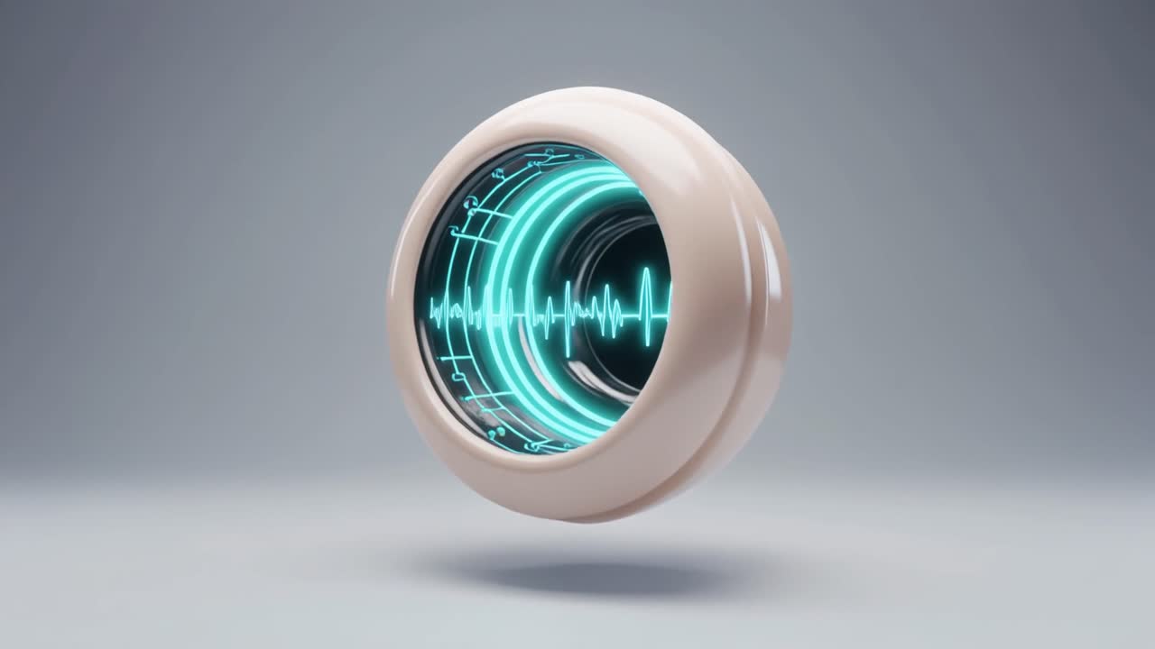 Rotating Digital Speaker with Blue Sound Wave Animation
