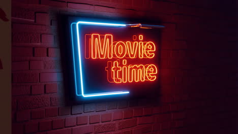 neon 'movie time' sign on brick wall