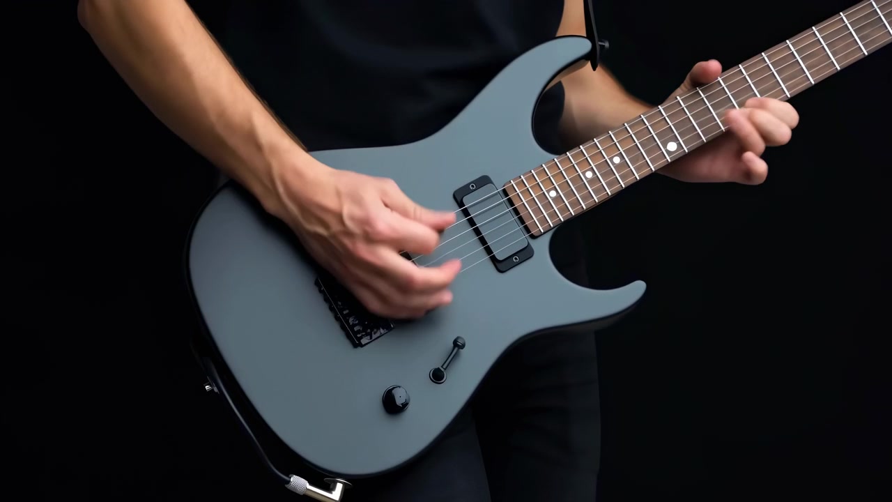 Primo piano ravvicinato mostra una chitarra elettrica suonata con una rapida pennata della mano destra sui pickup, sfocatura di movimento visibile e la mano sinistra che preme le corde su una tastiera marrone, su uno sfondo scuro da studio.