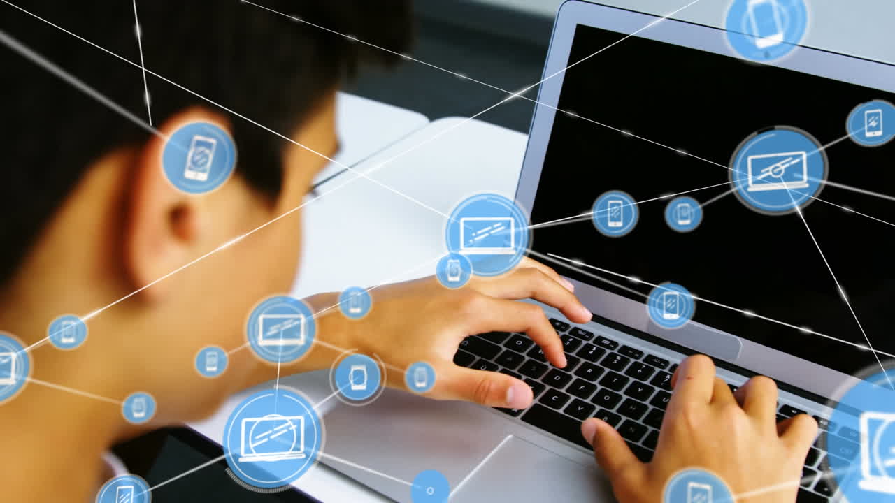Network of connections icons against male student using laptop