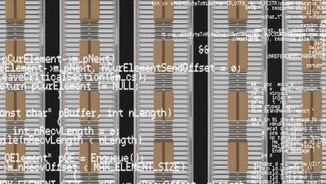 Animation of data processing over cardboard boxes on conveyor belts
