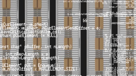 animation of data processing over cardboard boxes on conveyor belts