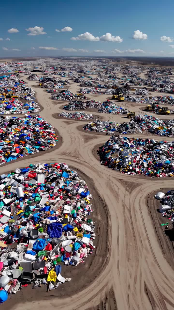 Aerial view of a vast landfill with winding paths between trash piles under a clear sky