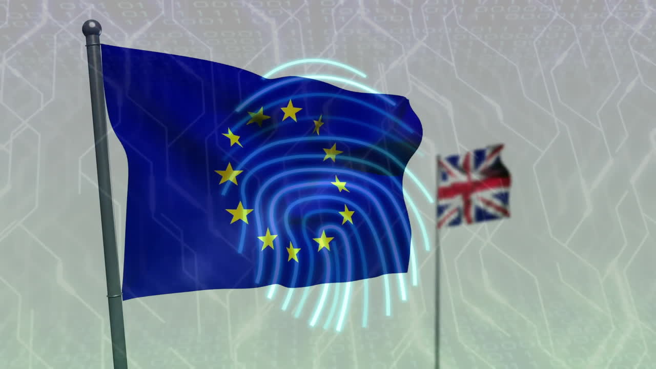 Bandiera dell'Unione Europea con animazione di impronta digitale su bandiera britannica sullo sfondo