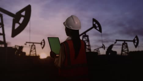 back view of asian female engineer with safety helmet working on green screen tablet inspects oil pumps at sunrise in a large oil field