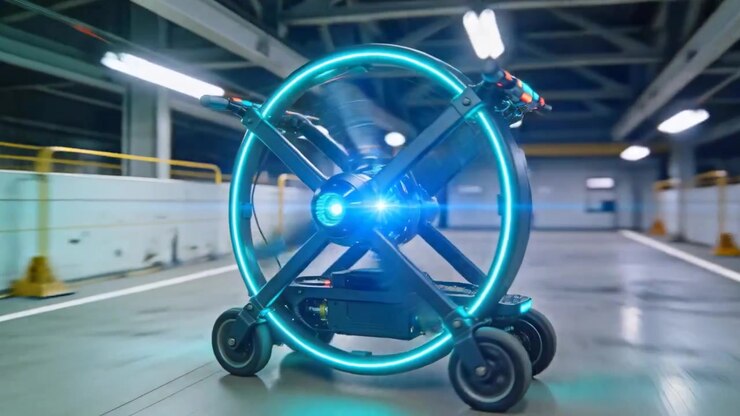 Activating wheeled drone spinning rotor, rolling through service bay for system check with LED hoop