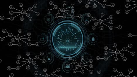 cyber security text over round scanner and network of digital icons against black background