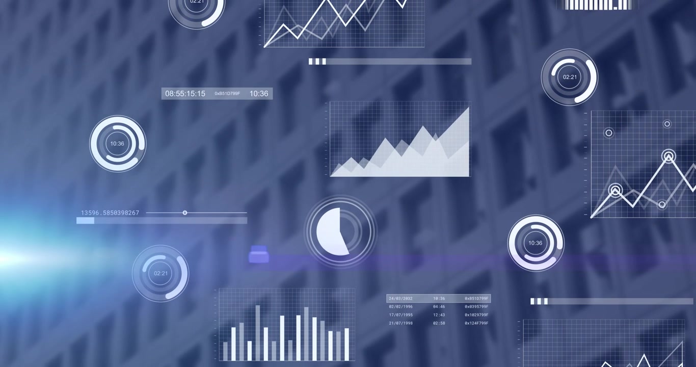 Animation of blue light spot and statistical data processing against tall building