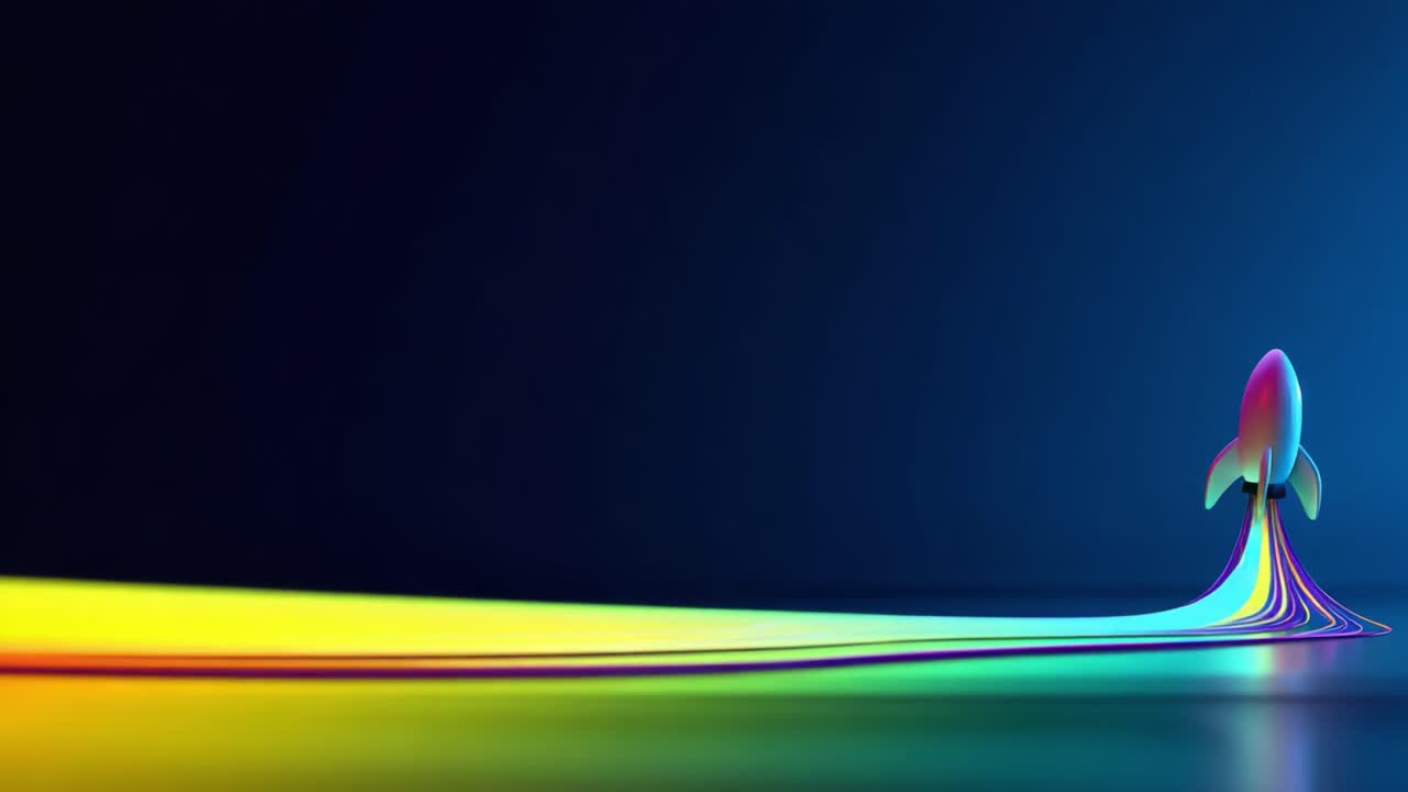A vibrant rocket, launching into the cosmos, trails a dazzling stream of colorful light, symbolizing innovation and futuristic exploration into the vastness of space