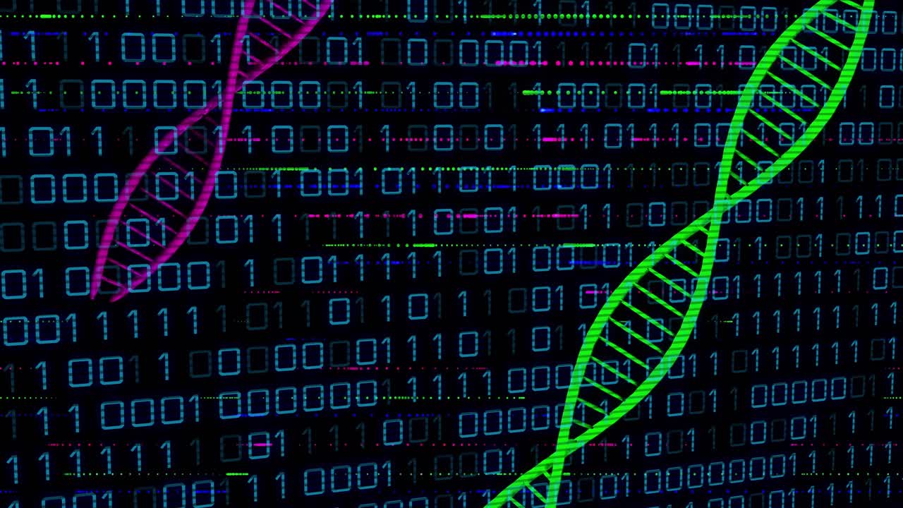 Glitch forcing pink and green DNA helices spinning inward over binary code illustrating data merge