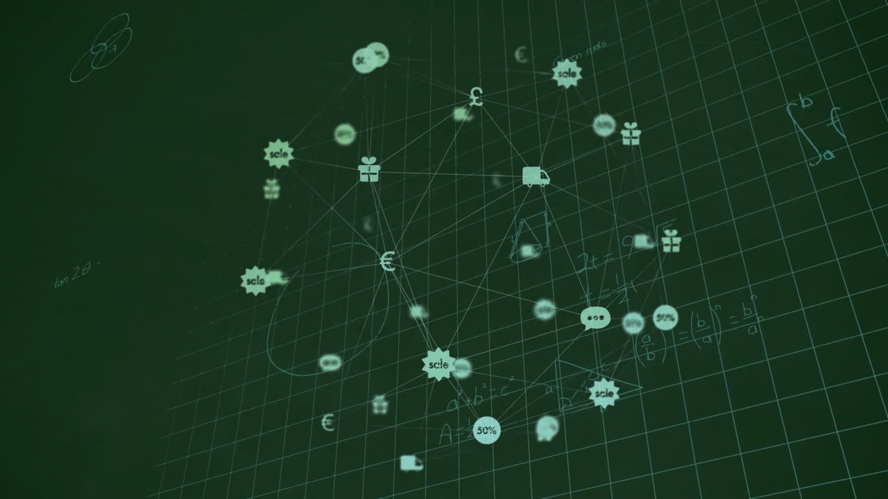 차크보드에 수학적 방정식 위에 비즈니스 아이콘의 네트워크의 애니메이션