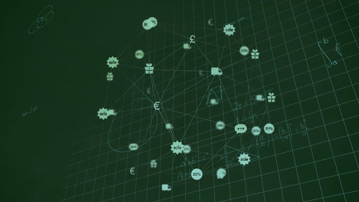 Animation of network of business icons over mathematical equations on chalkboard
