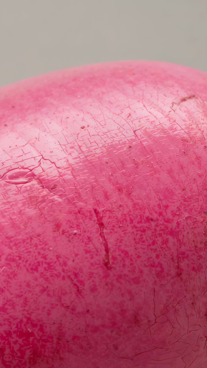 Vertical video: Shifting camera revealing single pink sphere with glossy cracks in studio for study