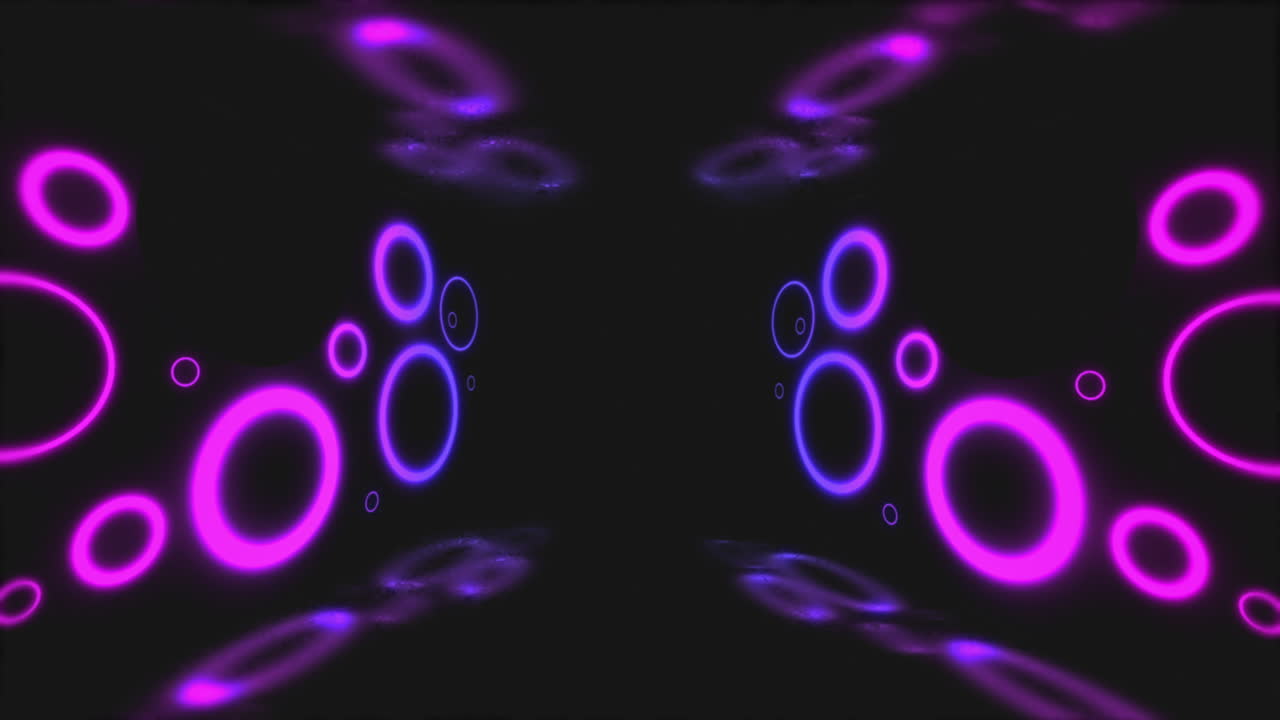 Animation of pink and purple neon light circles flickering on black background