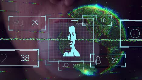 Animación-Del-Procesamiento-De-Datos-Con-Diversas-Personas-Y-El-Mundo-Sobre-Un-Primer-Plano-De-Una-Mujer-Caucásica