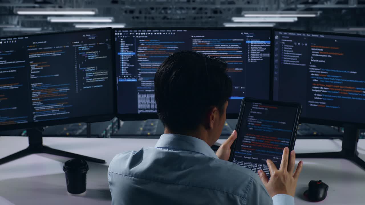 Back View Of Asian Man Developer Working With Tablet While Write Code With Multiple Computer Screens In Data Center