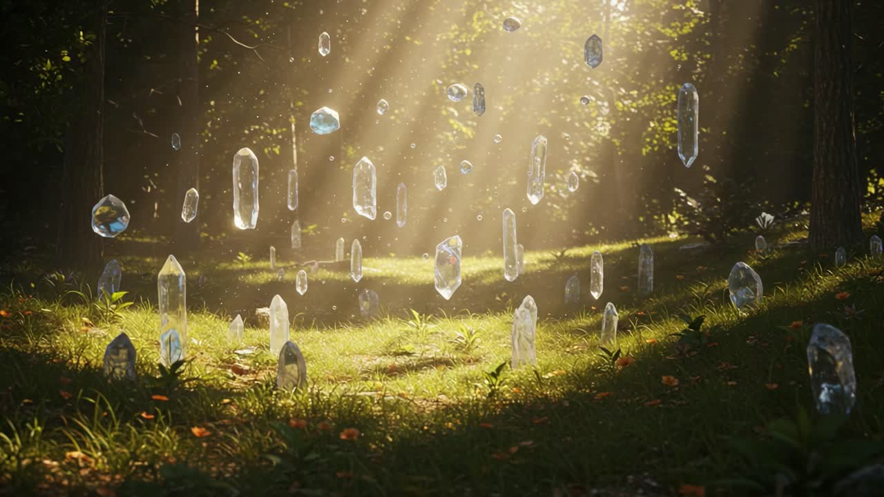Enchanting Scene of Floating Crystals in Sunlit Forest, Exuding Tranquility and Mystery Amidst Nature's Radiant Glow and Lush Greenery