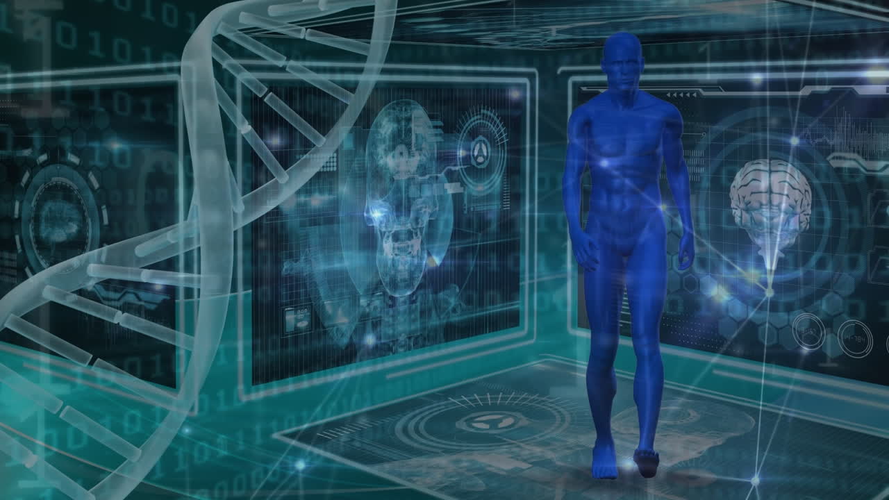 Animazione di un filamento di DNA che ruota su corpo umano, elaborazione di dati scientifici su sfondo blu