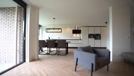 interior of spacious kitchen with dining area