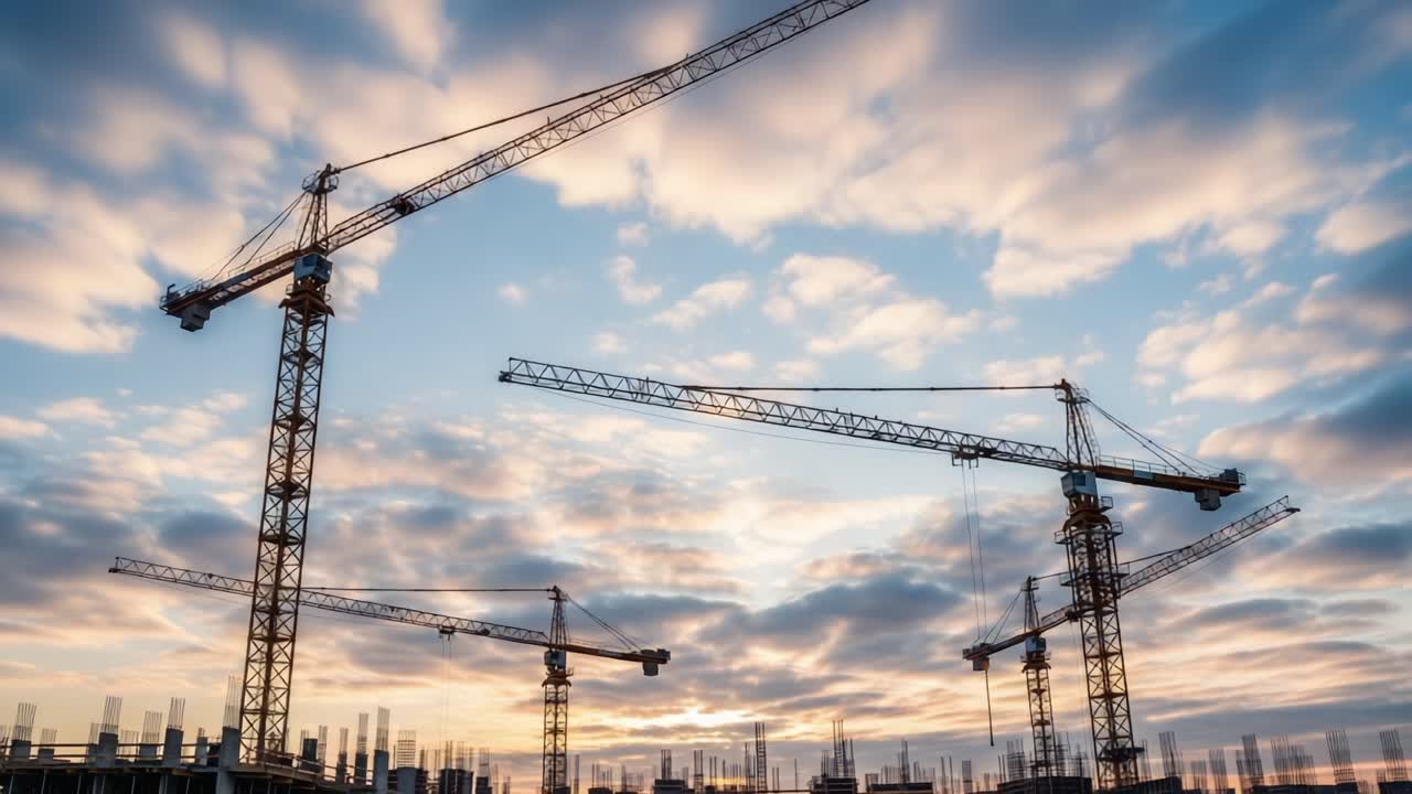 Stunning Transformation of a Construction Site at Sunset: The Dynamic Shift from Day to Night Underneath Towering Cranes and a Colorful Sky