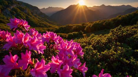 mountain scenery with flowers at sunrise/sunset