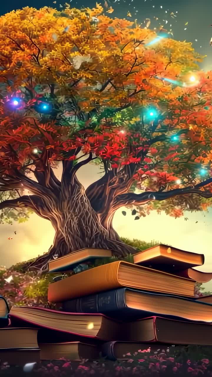Vertical video: Orbs appearing and pulsing around ancient tree on stack leather books in meadow