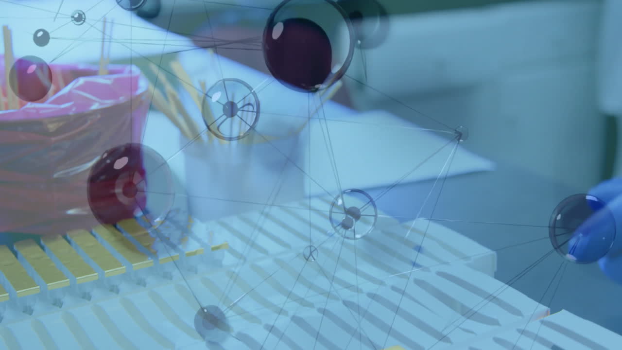3D network spheres and lines floating over lab desk, showing pink container, sticks, red sphere