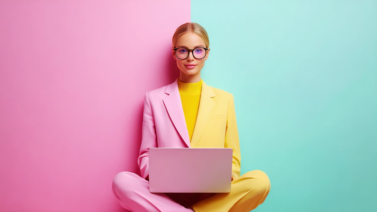 A modern and stylish young woman sits comfortably on the floor, dressed in a vibrant pink and yellow suit, working on her laptop against a colorful pastel backdrop