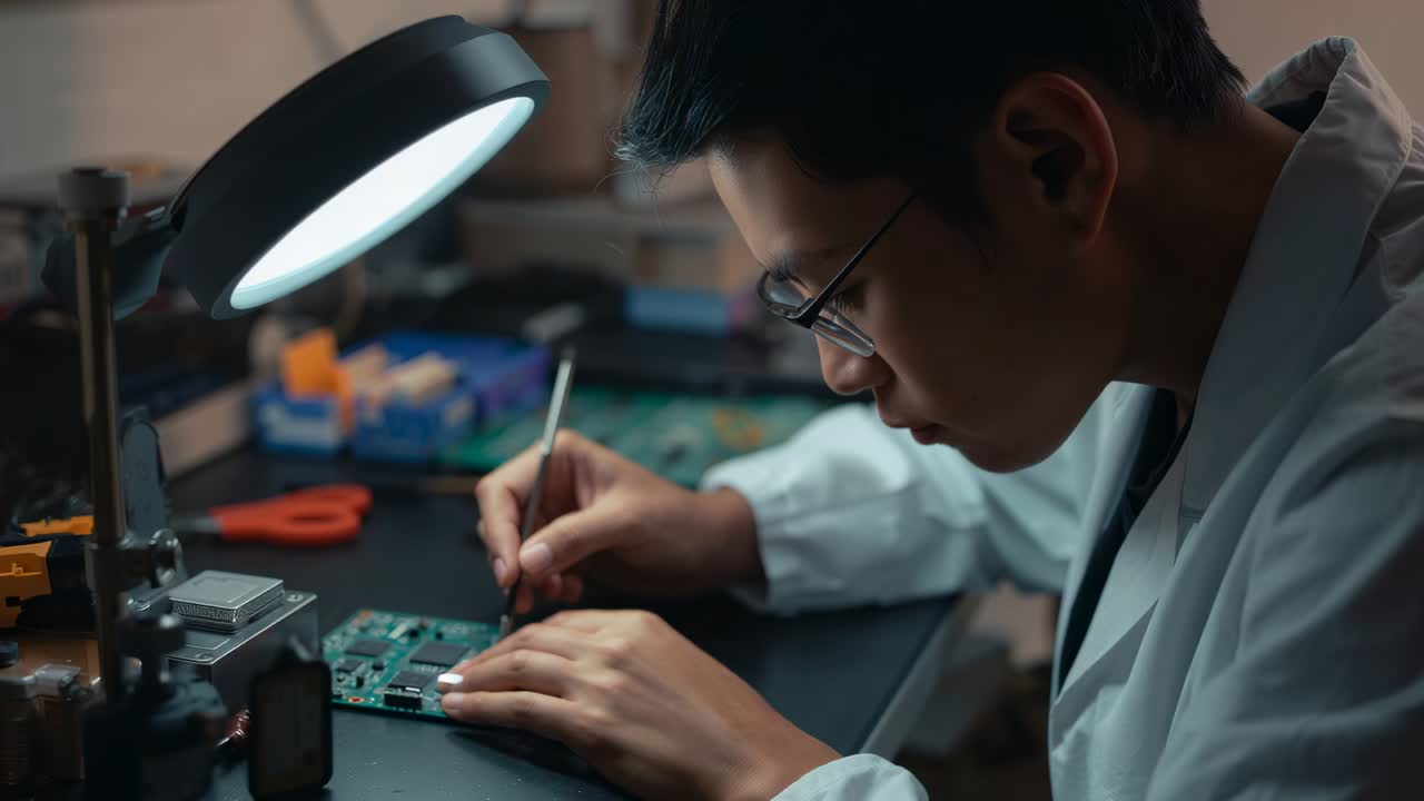 Picking fine tool white lab coat technician leaning soldering PCB to inspect parts under desk lamp