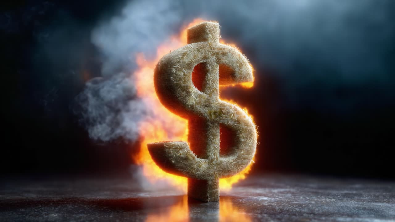 A Dynamic Visual of a Burning Dollar Sign: Symbolizing Wealth, Destruction, and Transformation Through Fire and Smoke Effects in This Captivating Scene