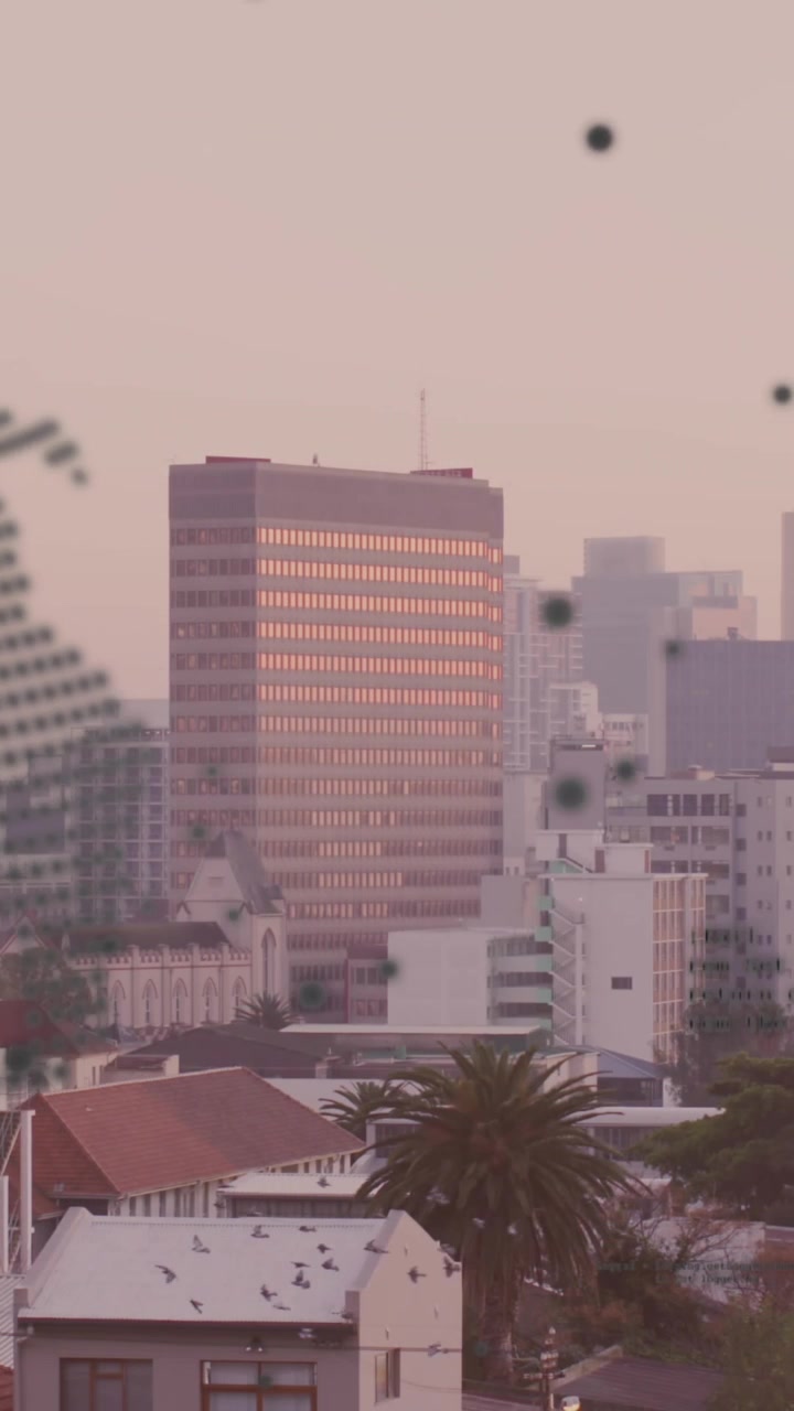 Animação de processamento de dados financeiros sobre a paisagem urbana