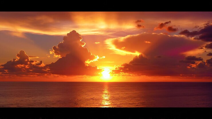 Stunning golden sunset over calm ocean with dramatic clouds