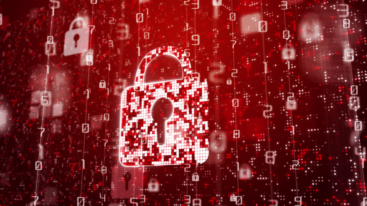 Digital padlock security symbol on red alert background with flashing numbers and pixels. Cyber security and computer protection of digital data. Looped motion graphics.