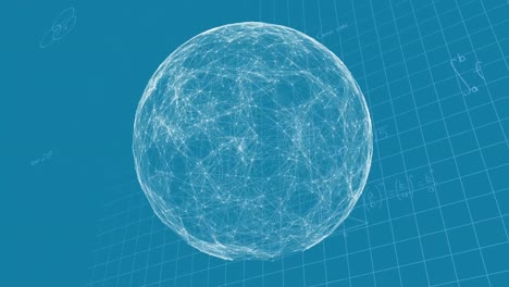 Animation-of-connected-dots-forming-globe-over-mathematical-equation-and-diagrams-on-blue-background